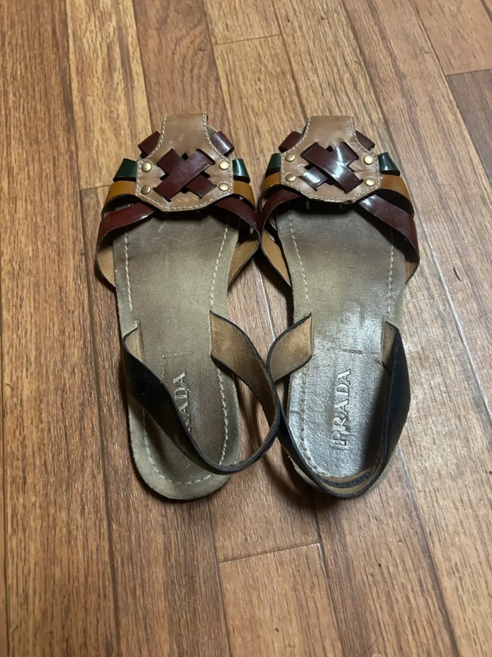 Prada Brown, Burgundy and Green Leather Woven Sandals